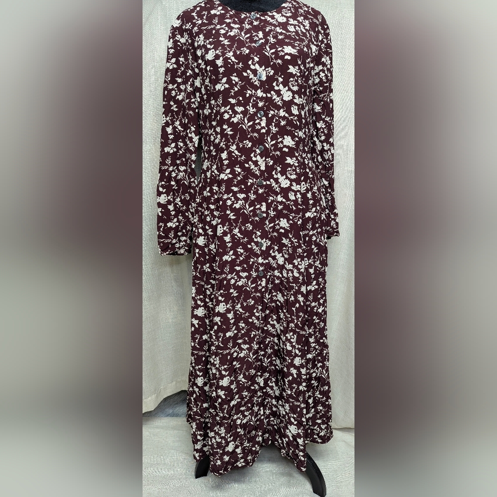 Vintage J.Crew 90s Floral Maxi Dress - Made in USA - Maroon & Cream - 10